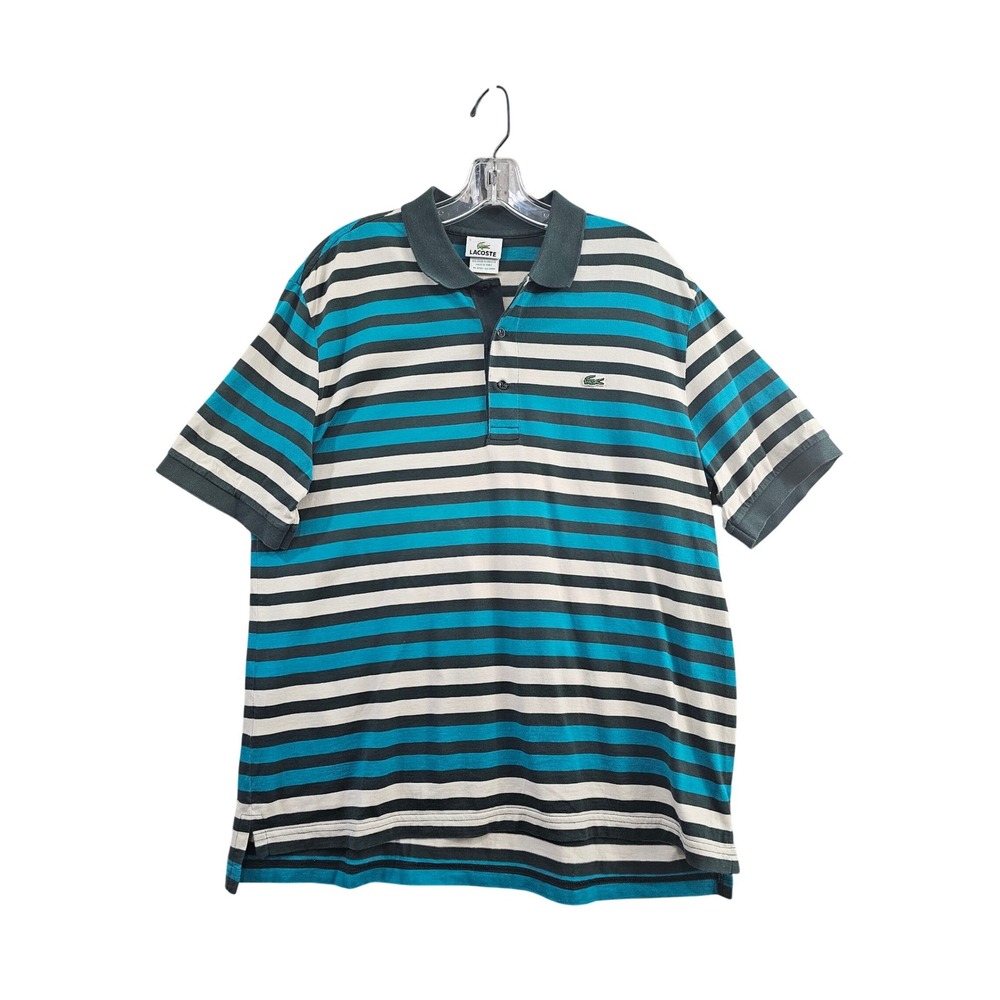 Lacoste Polo Shirt Mens Size 5 Large Blue Teal Grey Striped Cotton Short Sleeve